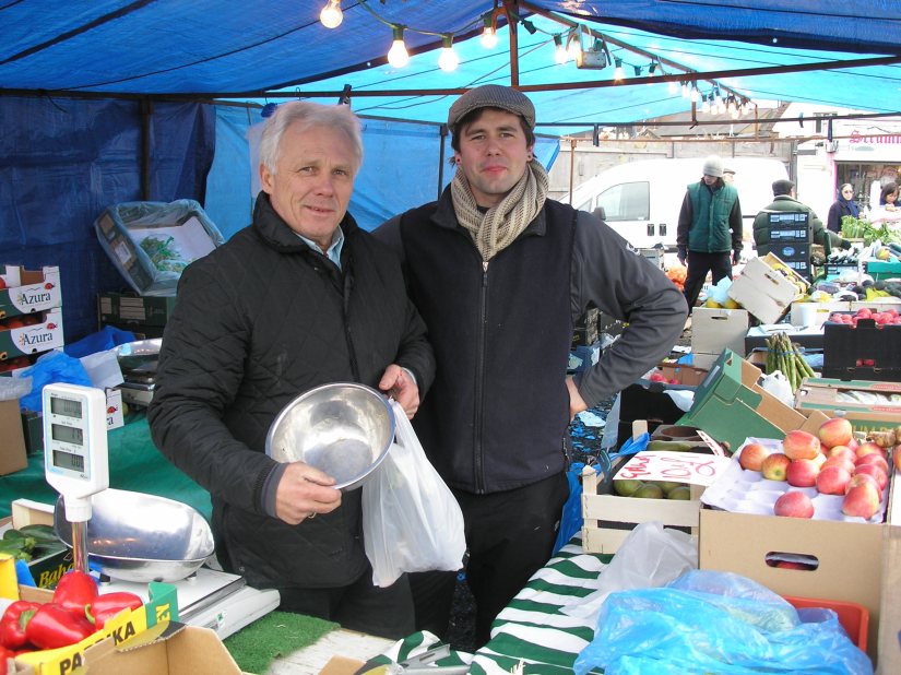 Stallholders Dave and Tyler Bone at their fruit and vegetable stall in Barnet Market